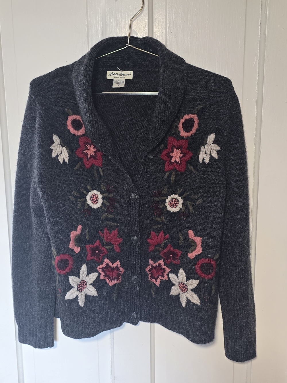 Eddie Bauer Charcoal Shawl-Collar Cardigan, Pink Floral Embroidery Size M Wool